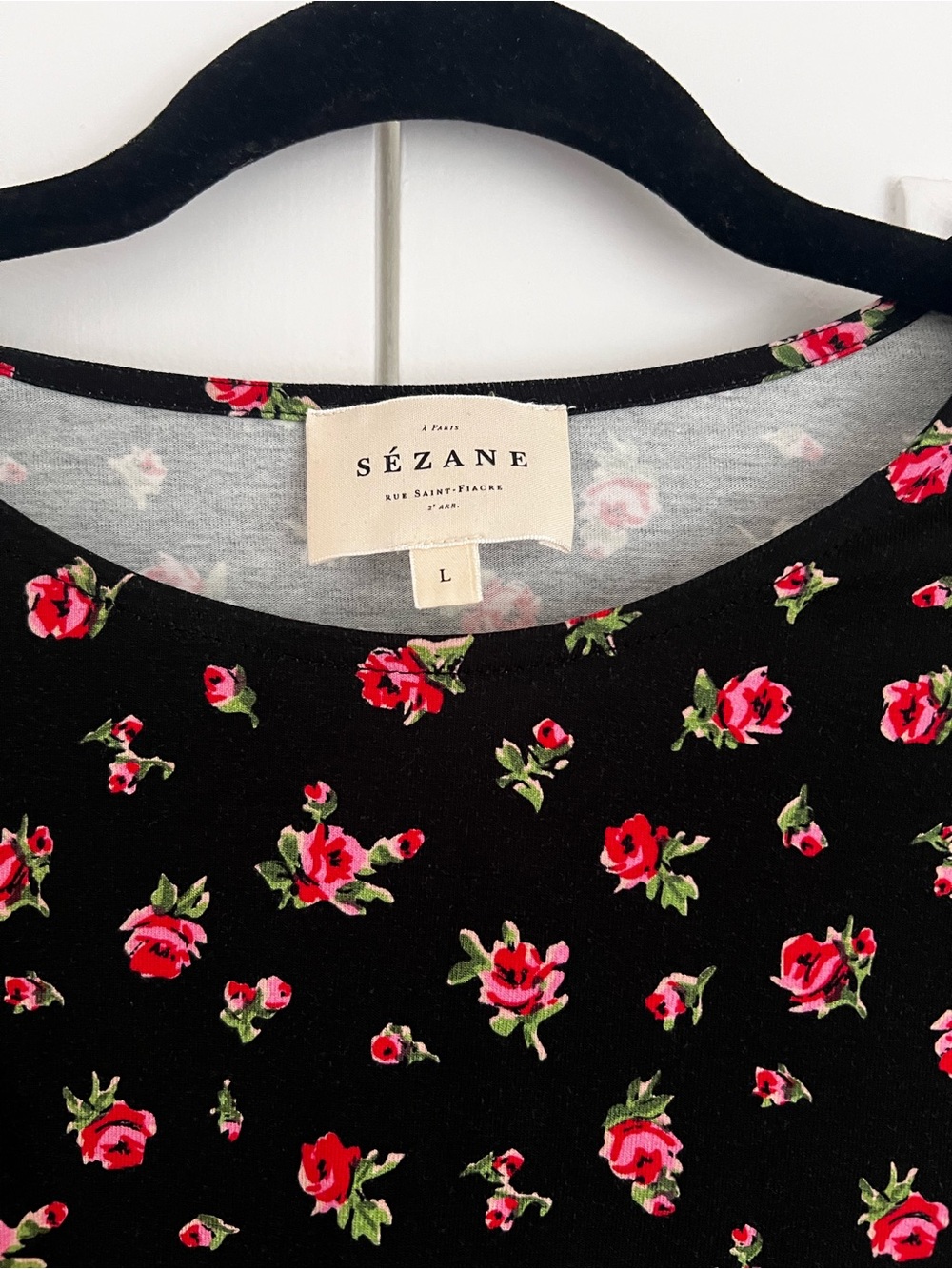 Sézane Divia Black Mini Dress with Pink Floral Print — Long Sleeve